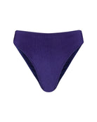 Navy blue ribbed textured high-waisted bikini bottoms with cheeky coverage and a French cut