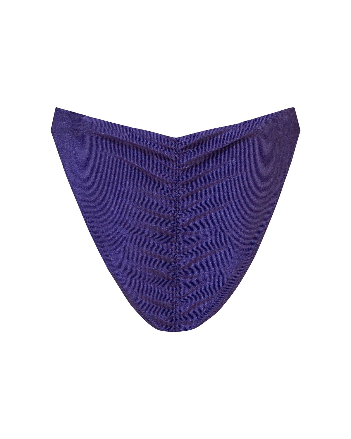A close-up of a rib textured, ruched fabric cheeky bikini bottom in a navy blue color, with a mid-rise.