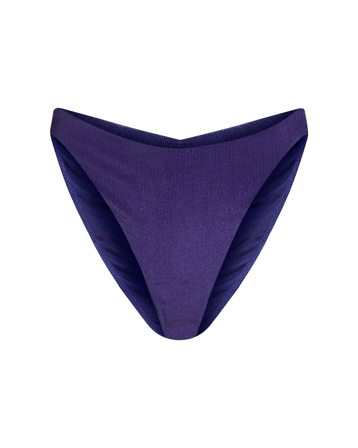 Frontal view of cheeky bikini bottoms with a ruched detailing on the back seam in a navy blue with a shimmer, mid-rise and in a ribbed textured fabric.