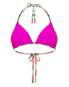 A colorful vertically striped string bikini triangle top lined with hot pink, no openings for padding, fully adjustable triangles and ties that tie at back of neck and underbust on back.