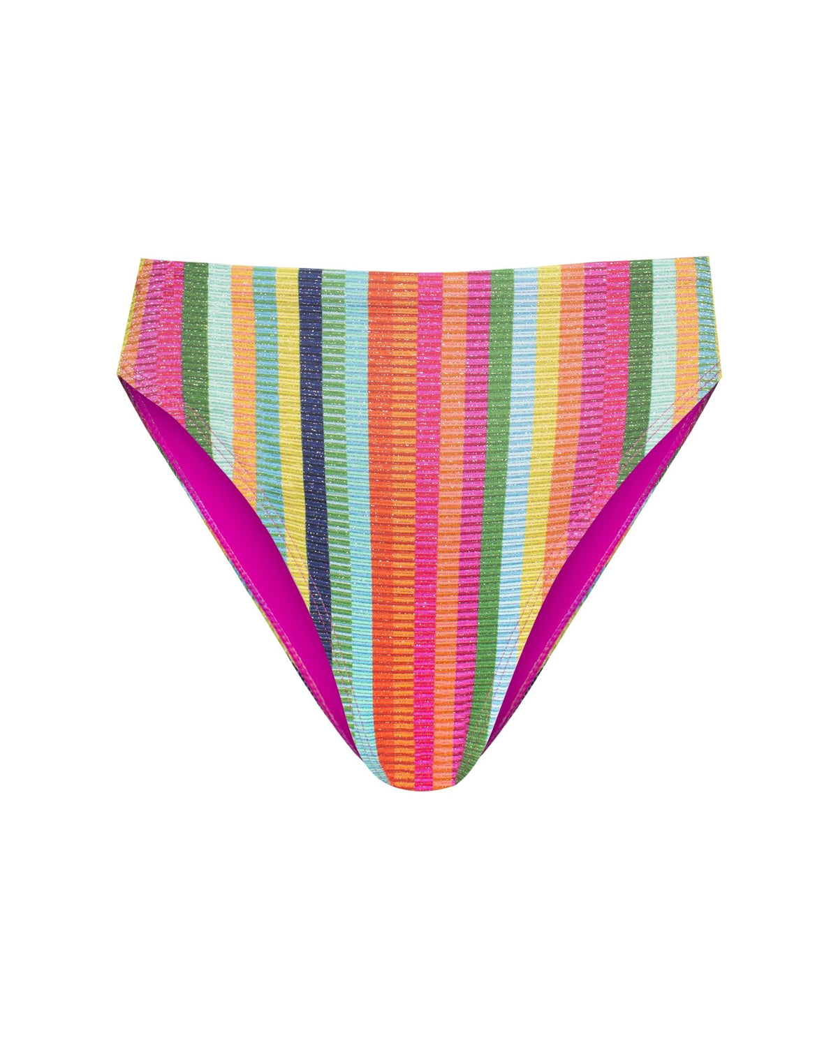 Rainbow vertical striped cheeky bikini bottoms with a high-waist and high leg cut showing the frontal view