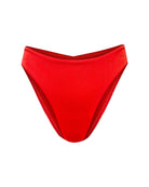 Bright red bikini cheeky bikini bottoms mid-rise, with gathered ruched fabric in seam showing the frontal view.