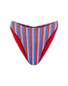 A pair of women's bikini bottoms featuring a vertical striped pattern of red, white, and blue shown in the frontal view with a mid-rise