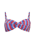 Women's strapless bandeau bikini top with a twisted front detail, silver hardware, adjustable and removable shoulder straps in a red, white, and blue vertically striped pattern, with removable pads, shown from the front.