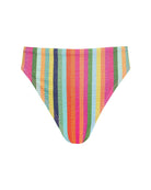High-cut, high-waisted bikini bottoms in a vertical bright gem colored rainbow striped pattern back view
