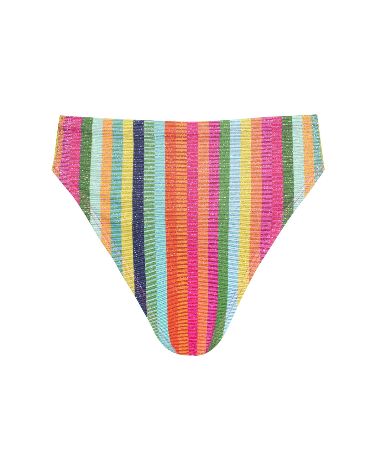 High-cut, high-waisted bikini bottoms in a vertical bright gem colored rainbow striped pattern back view