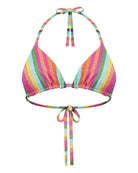 A vibrant pink, orange, blue, green, and yellow vertically striped halter-style string bikini triangle top with adjustable ties at the neck and back, shown front view. No padding and fully adjustable triangles.