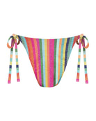 A colorful high-waist, high-hip cheeky string bikini bottom with adjustable side-ties in a vertical stripe print pattern of gemstone colors of blue, pink, orange, yellow, and green shown from the back.