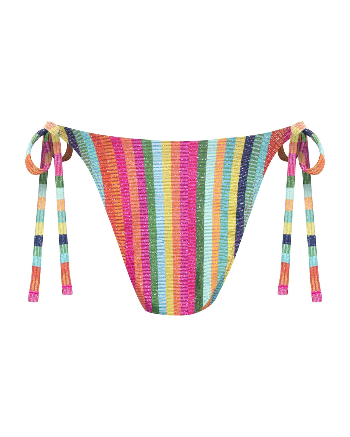 A colorful high-waist, high-hip cheeky string bikini bottom with adjustable side-ties in a vertical stripe print pattern of gemstone colors of blue, pink, orange, yellow, and green shown from the back.