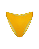 A bright mustard yellow gold cheeky bikini bottom shown from the front view with ribbed textured fabric, high-cut leg, and moderate front rise.